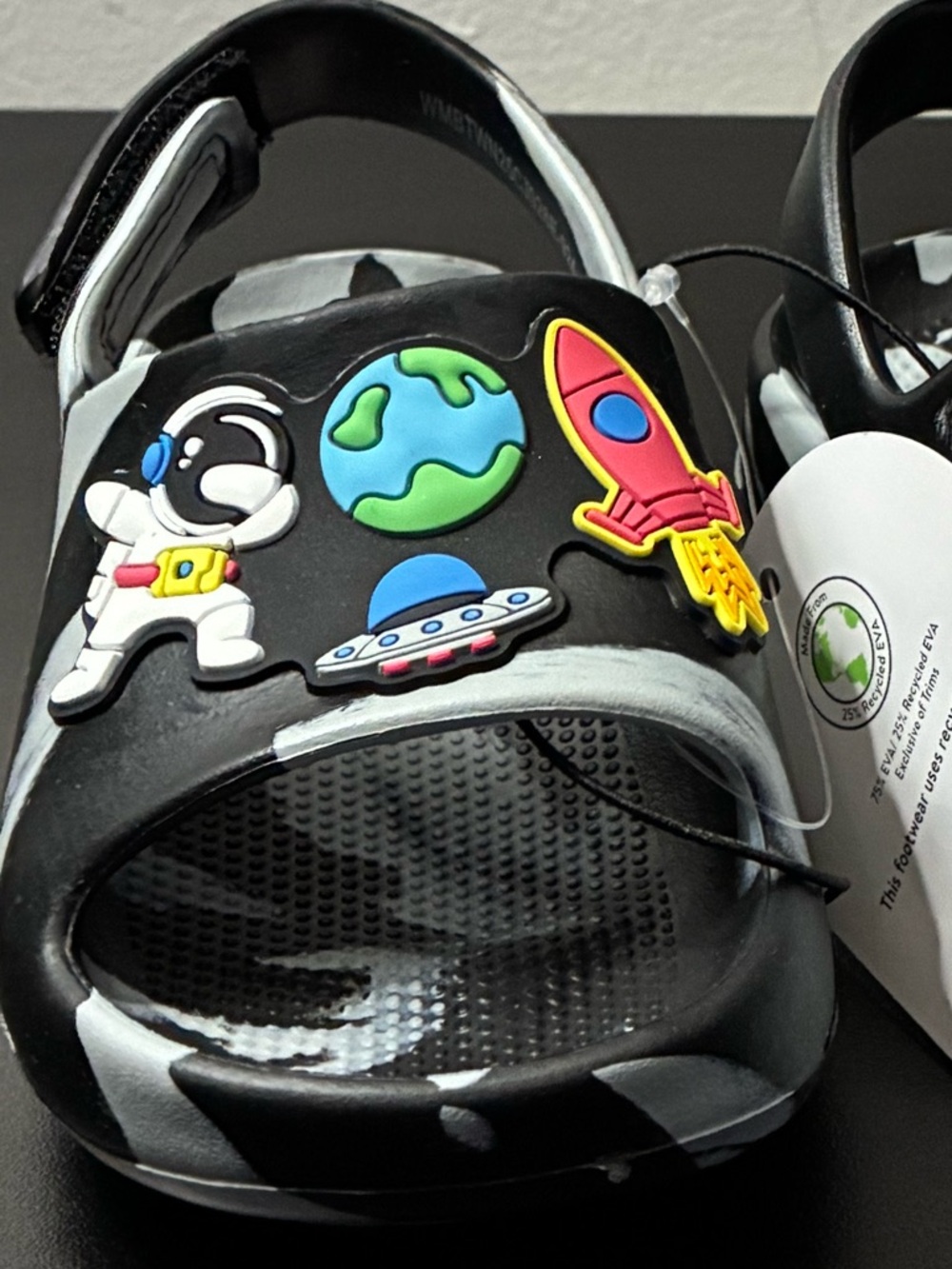 Kids Space-Themed Black Garden Clogs with Rocket & Astronaut